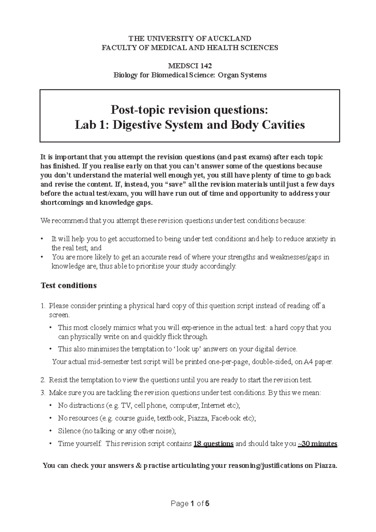 Lab 01: Rat Digestive System MCQs Revision for MEDSCI 142 - Studocu