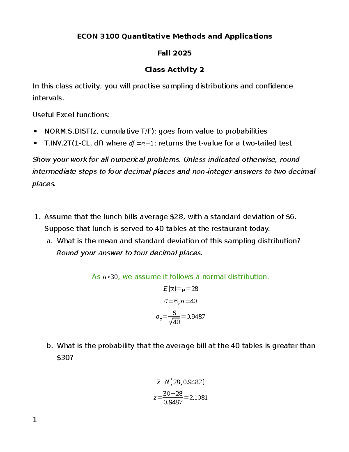 Econ 3100 Class Activity 2 Sampling Distributions Confidence