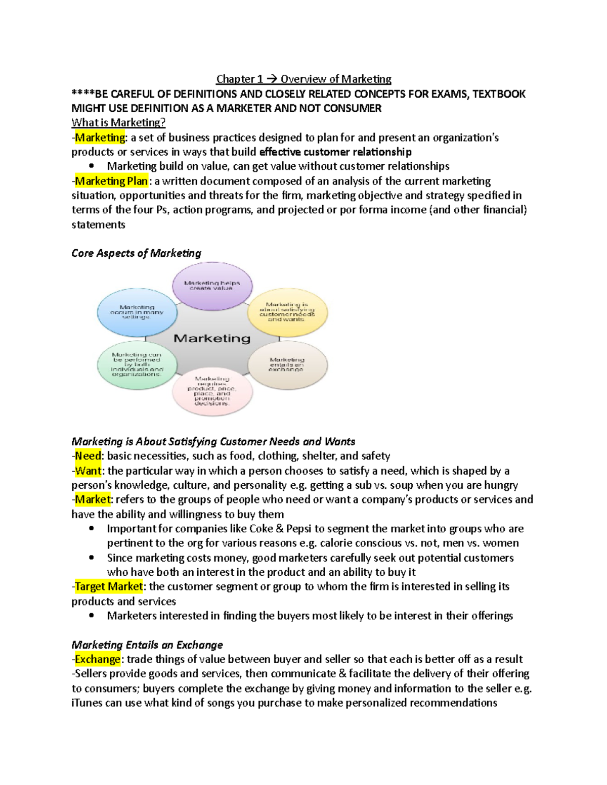Chapter 1 - Notes - Chapter 1 Overview of Marketing ****BE CAREFUL OF ...
