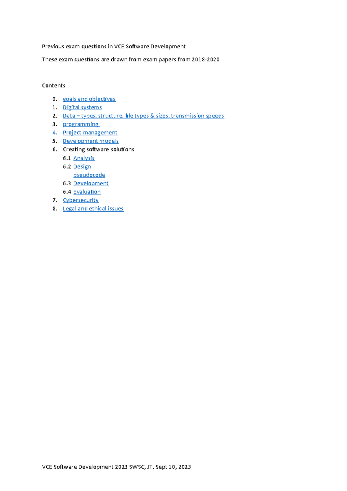 VCE Software Development Past Exam Questions (SWSC) - Sept 2023 - Studocu