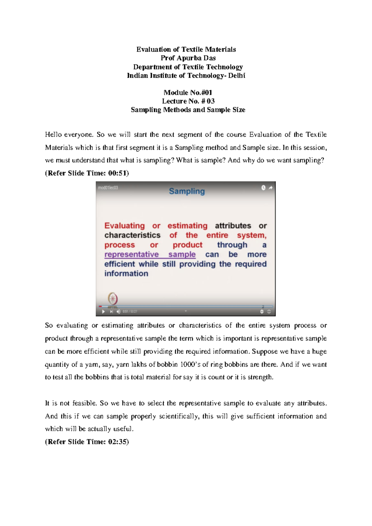 Evaluation of Textile Materials (TT 101) - Lecture 03: Sampling Methods ...