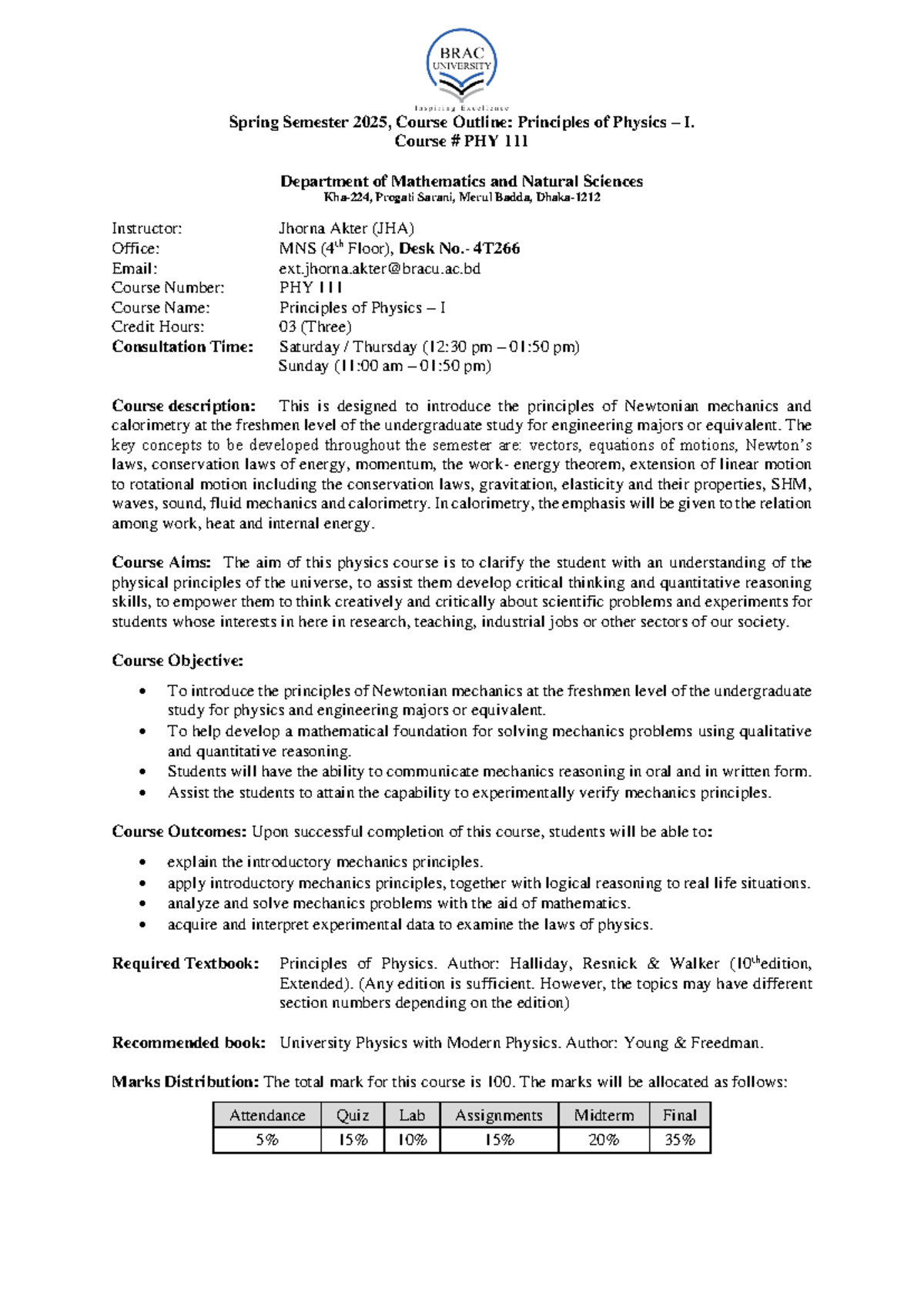 Course Outline for PHY-111: Principles of Physics I - Spring 2025 - Studocu
