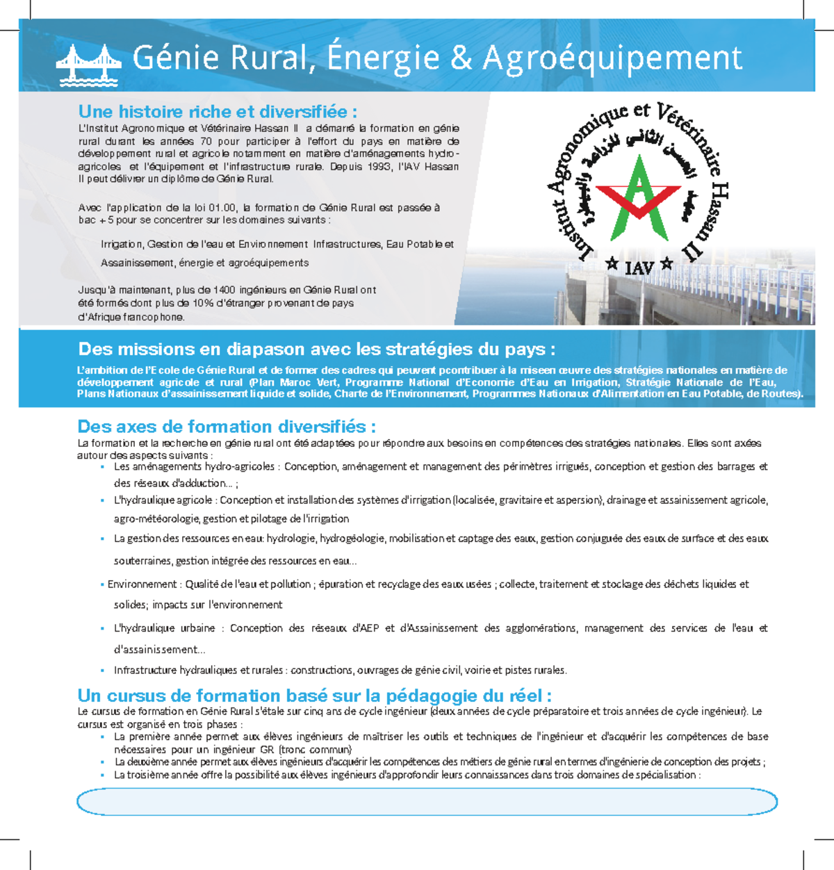 Brochure sur le Génie Rural et Énergie Agroéquipement - Hassan II - Studocu