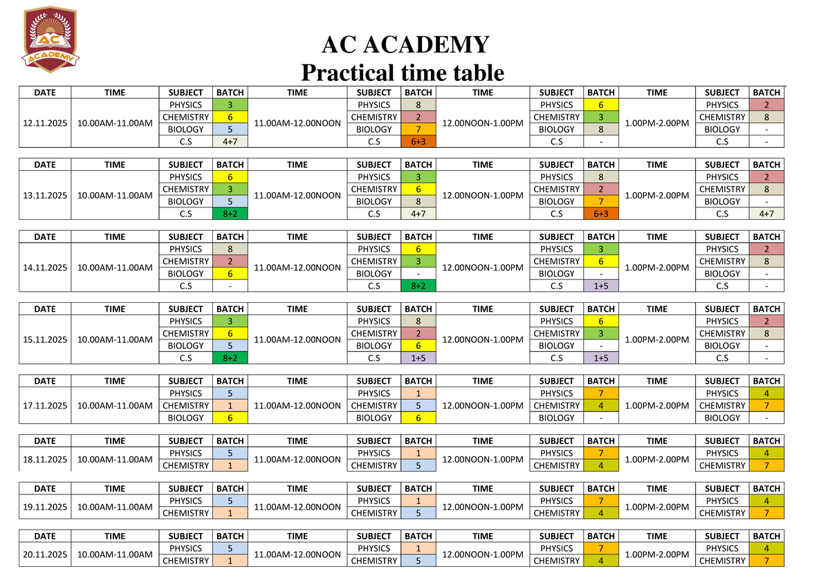 AC ACADEMY Practical Time Table for Nov 2025 - Studocu