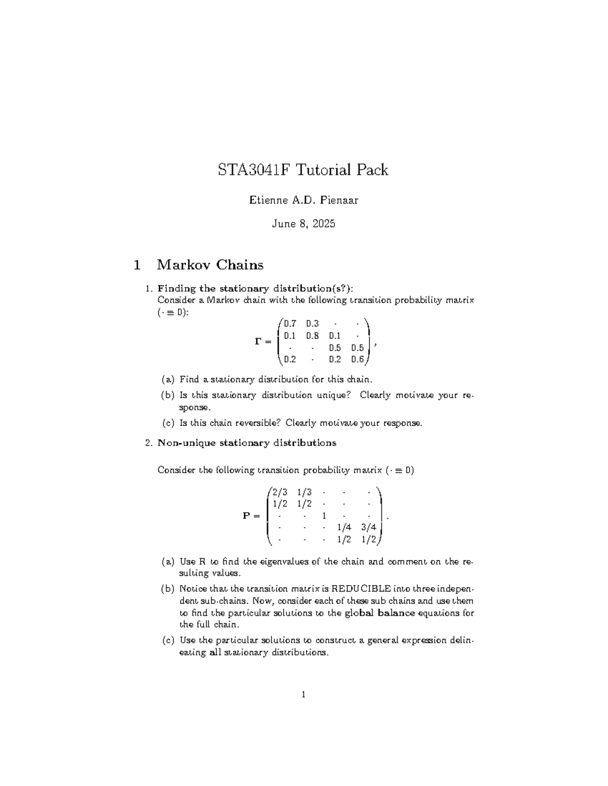 STA3041F Tutorial Pack: Markov Chains & Poisson Processes Insights ...