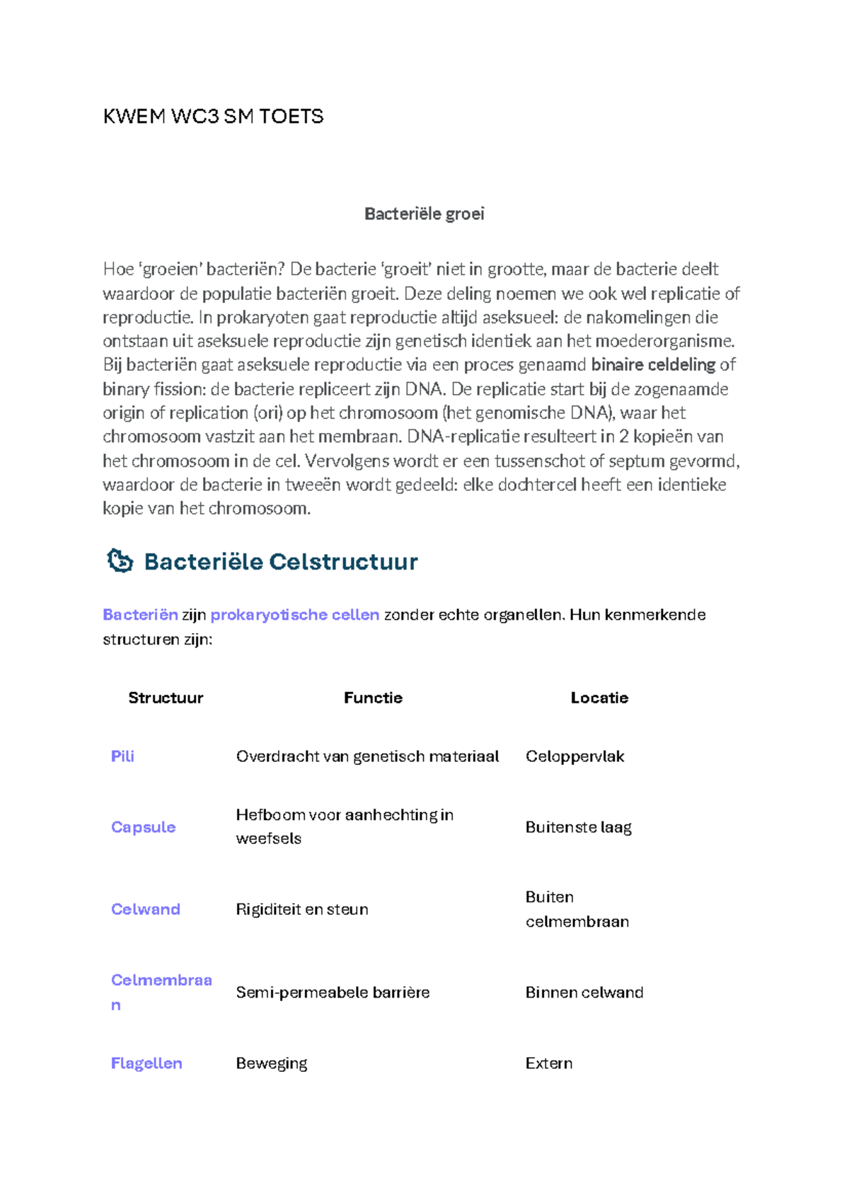 KWEM WC3 SM TOETS: Bacteriële Groei en Reproductie - Studeersnel