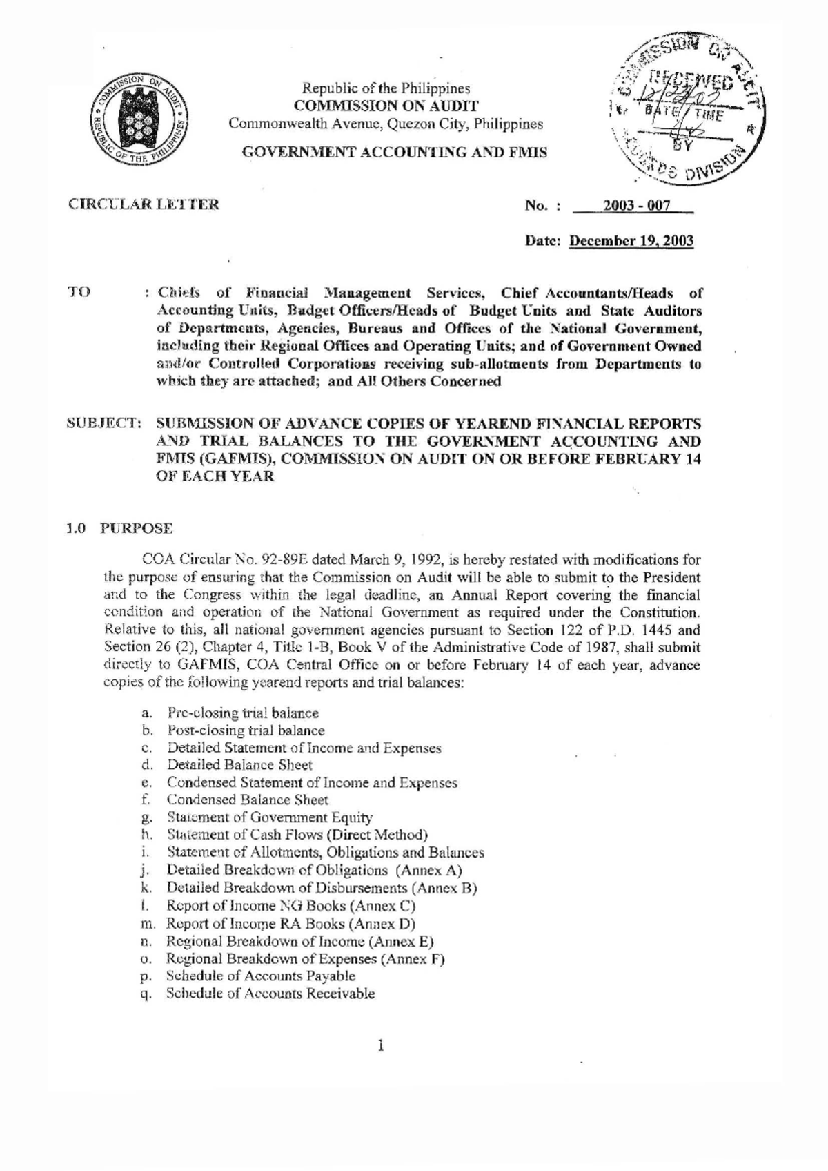 COA GAFMIS Circular Letter No. 2003-007 on Year-End Financial Reports ...