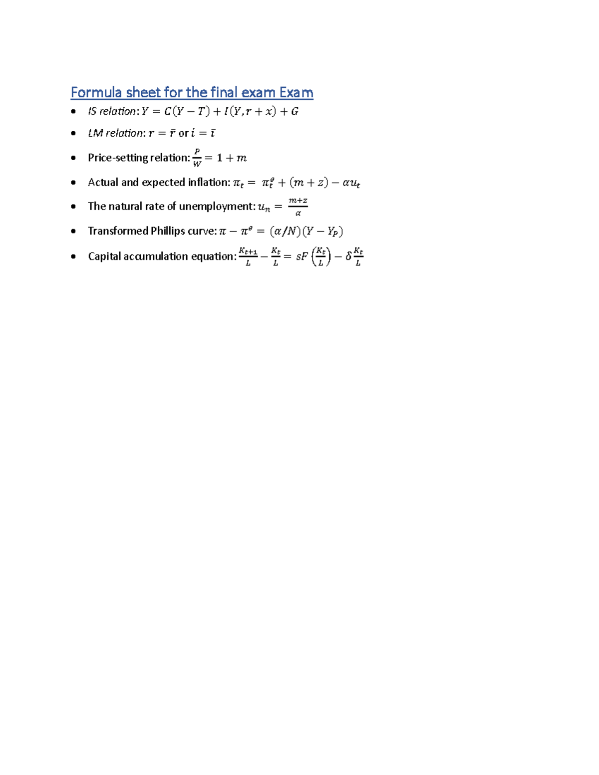 Formulas sheet for the final exam - Studocu