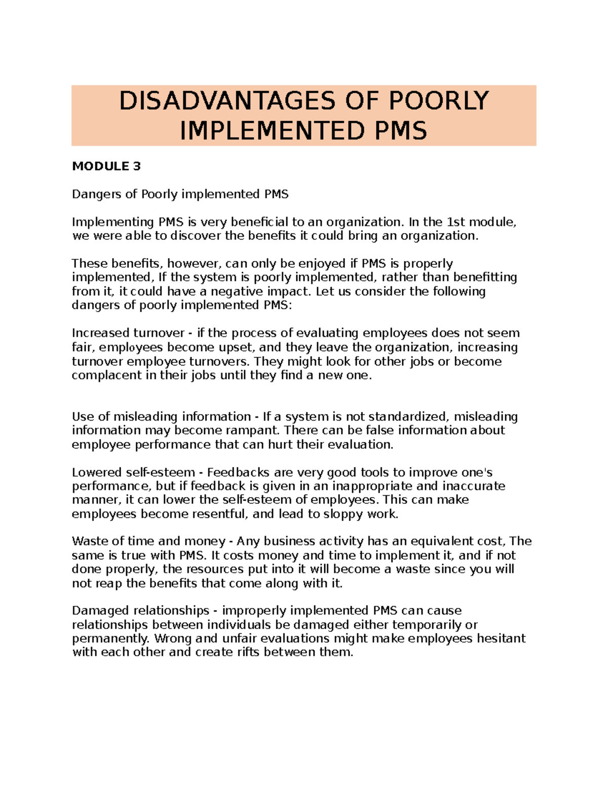 Disadvantages of Poorly Implemented PMS - Module 3 Analysis - Studocu