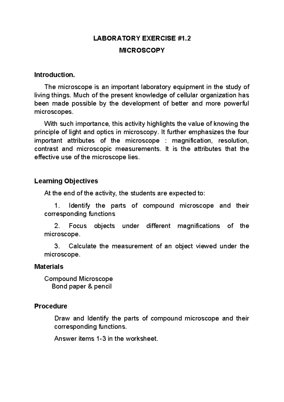 Laboratory Exercise 1: Botany Lab Safety and Tool Orientation - Studocu