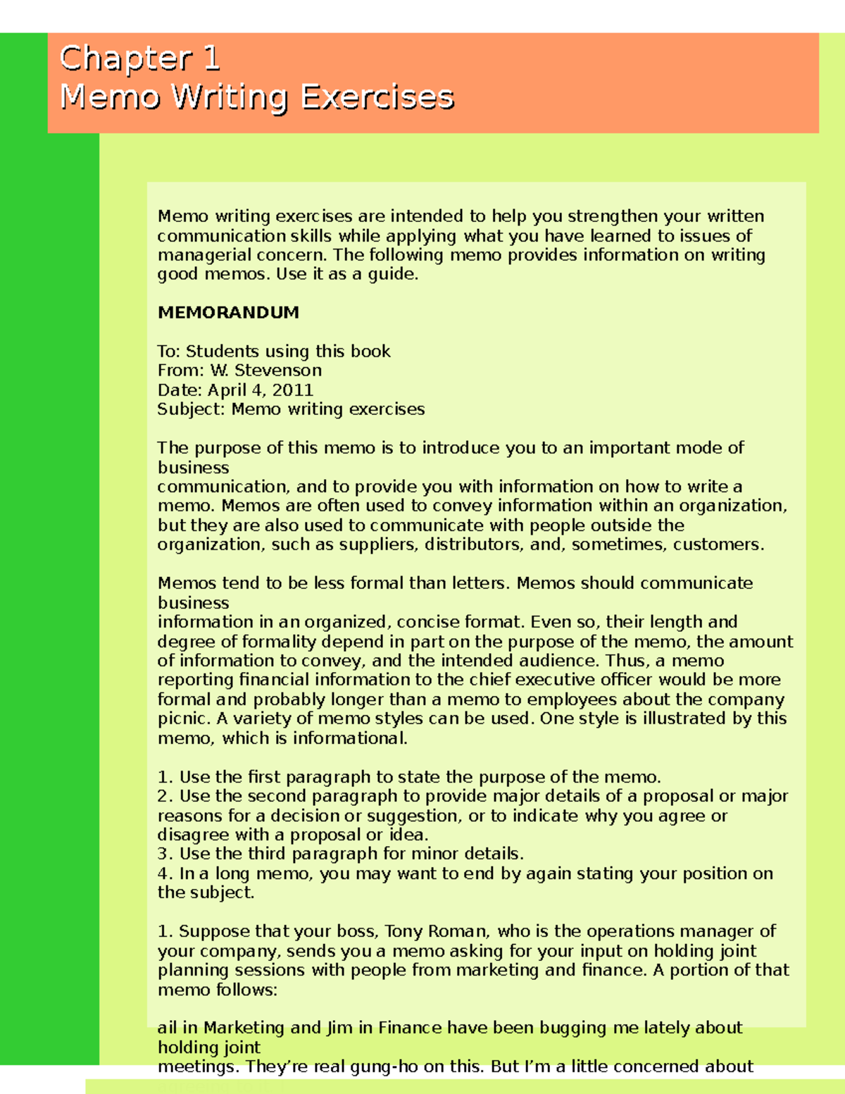 Ch01memo - Lecture notes 1-1 - Memo writing exercises are intended to ...