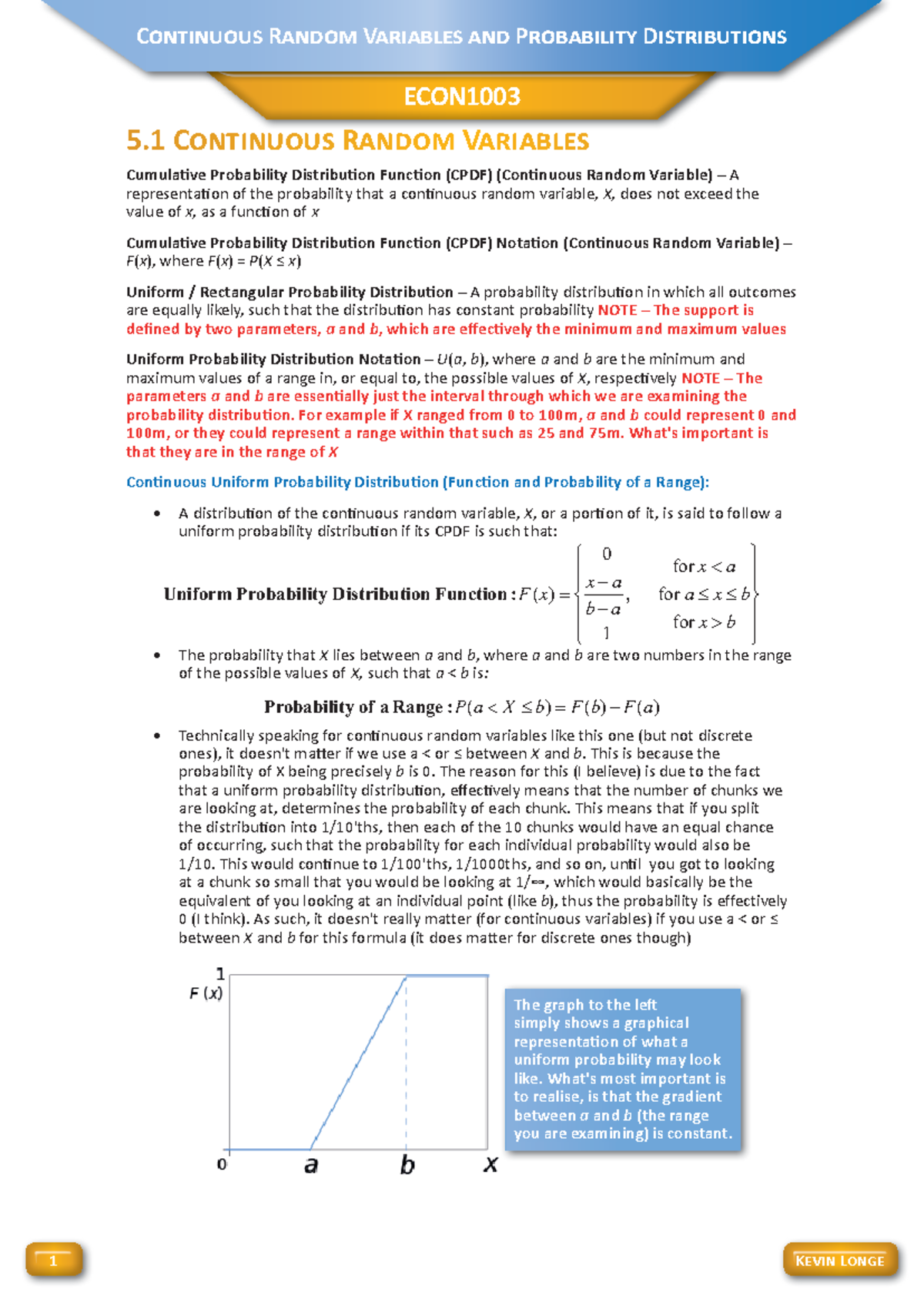 Chapter 5: Continuous Random Variables in ECON1003 Concepts - Studocu