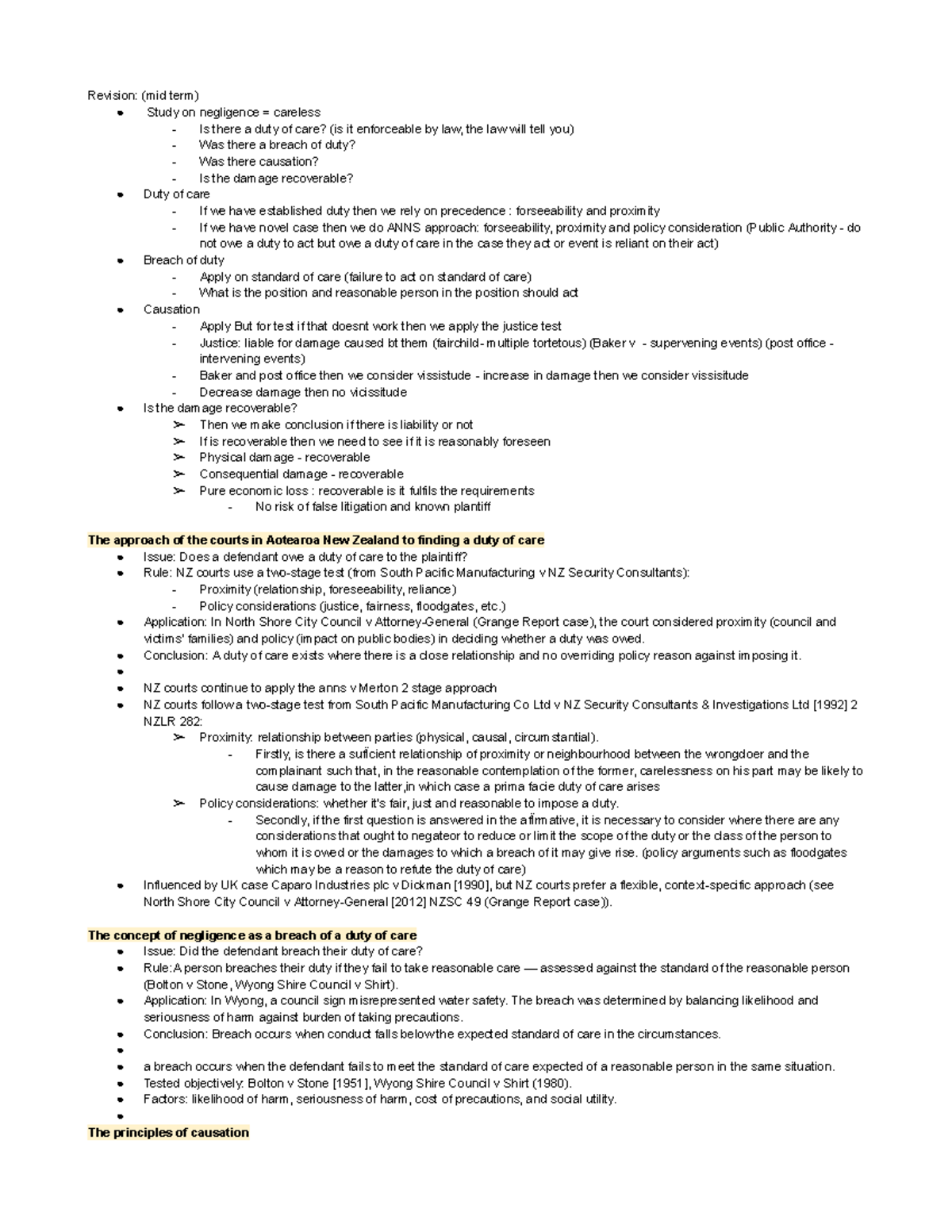Midterm Revision Notes: Negligence and Duty of Care (LAW 2025) - Studocu