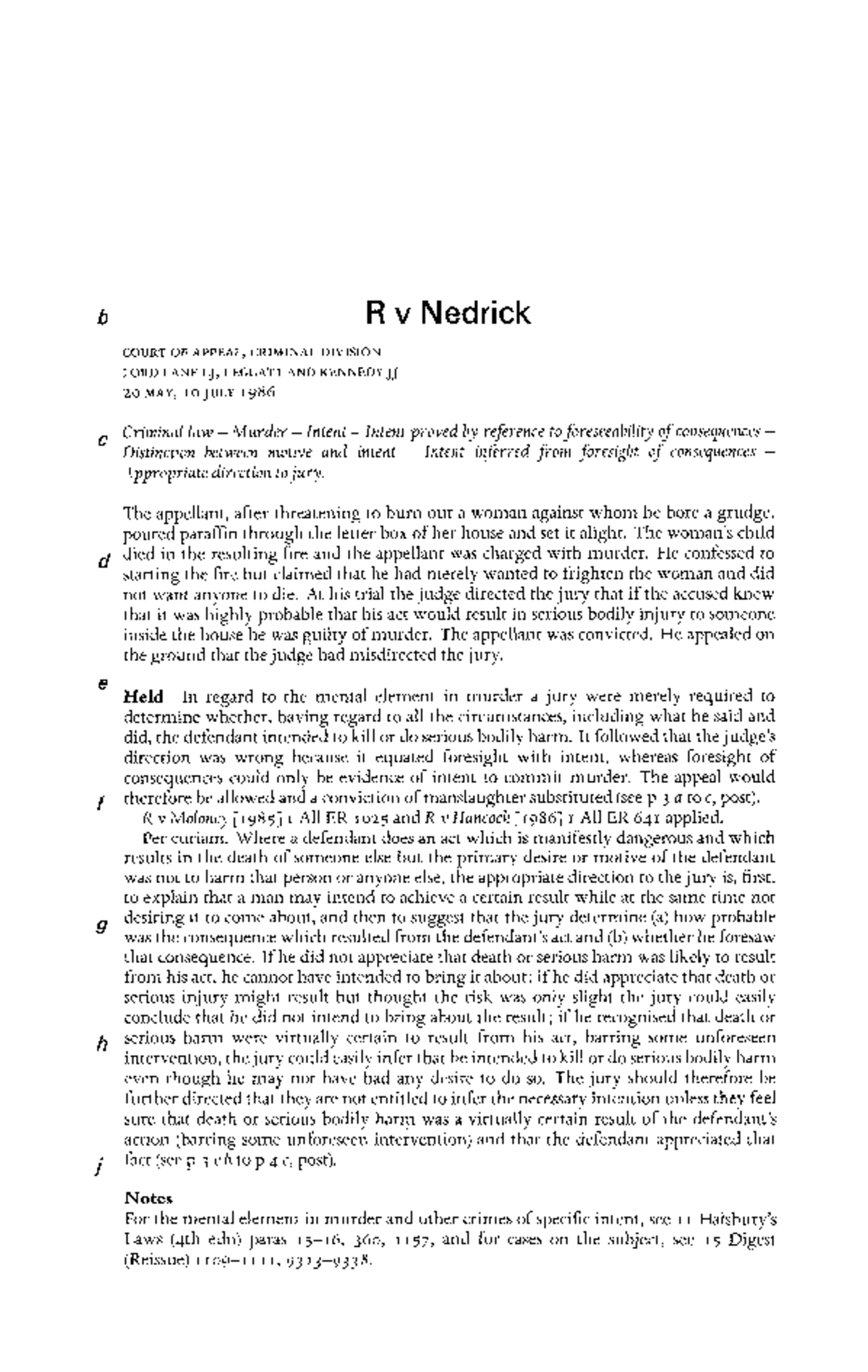 R v Nedrick [1986] 3 All ER 1: Appeal on Murder Intent and Jury ...