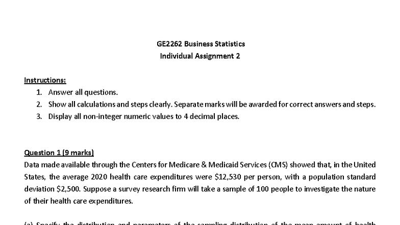GE2262 Business Statistics Assignment 2 Questions and Instructions ...