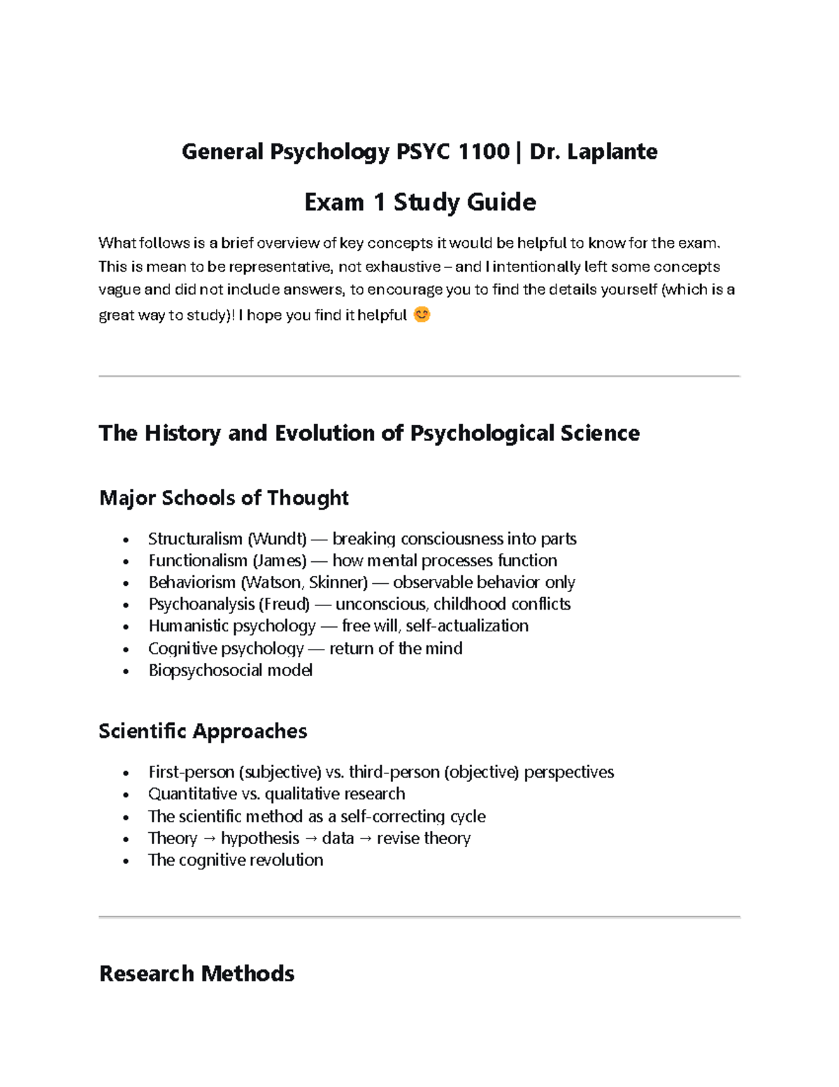General Psychology PSYC 1100 Dr. Laplante Exam 1 Key Concepts Review ...