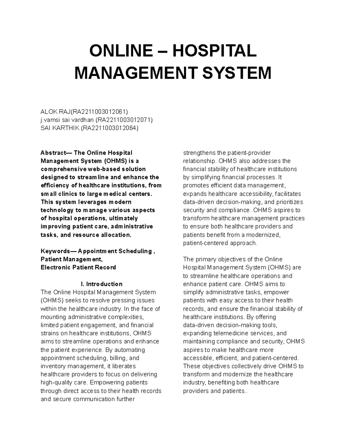 JAVA Project: Online Hospital Management System (OHMS) Journal - Studocu