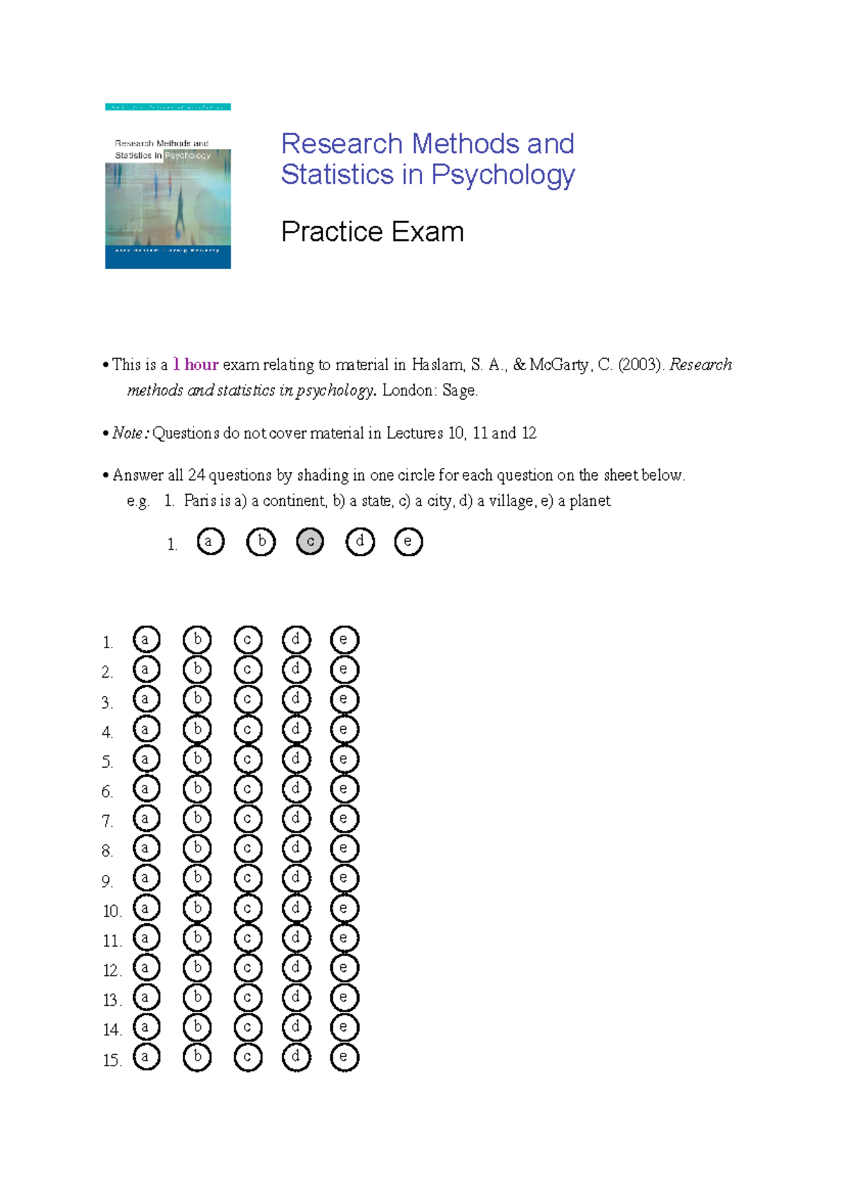 Research Methods & Stats in Psychology - Practice Exam Questions ...