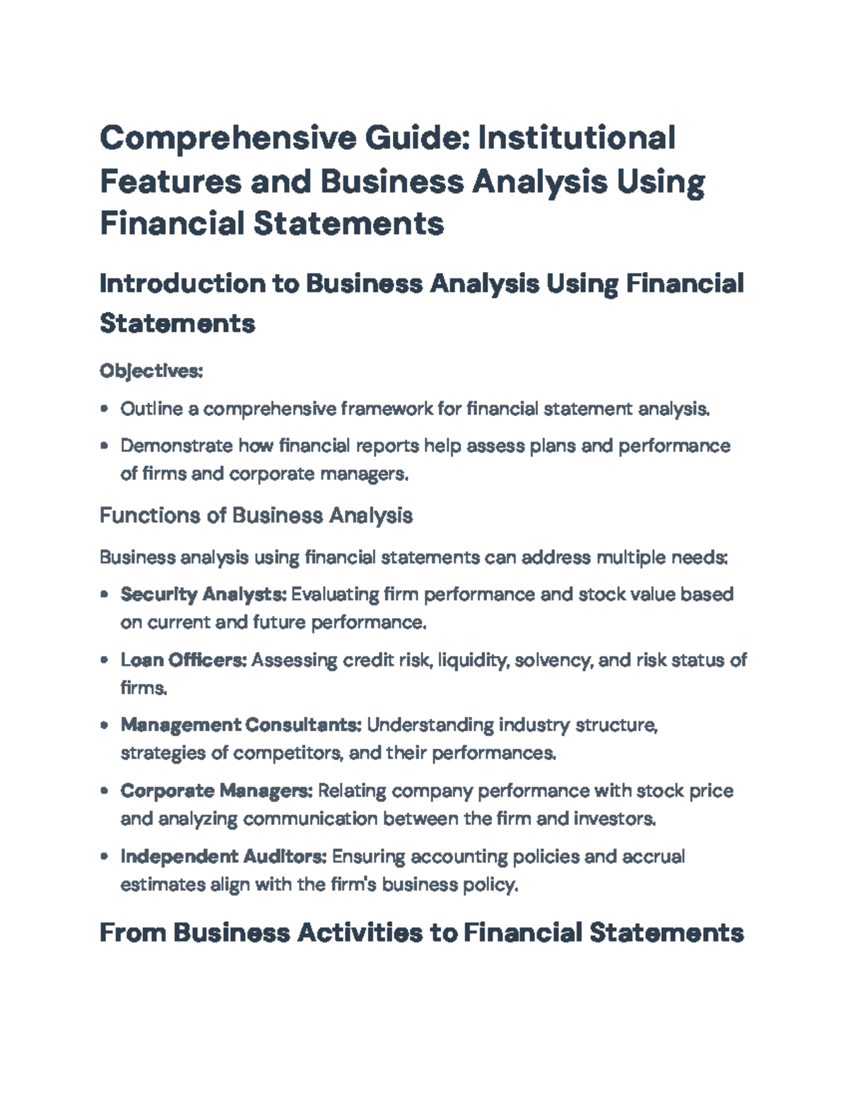 Comprehensive Analysis Framework for Financial Statements (BUS 101 ...