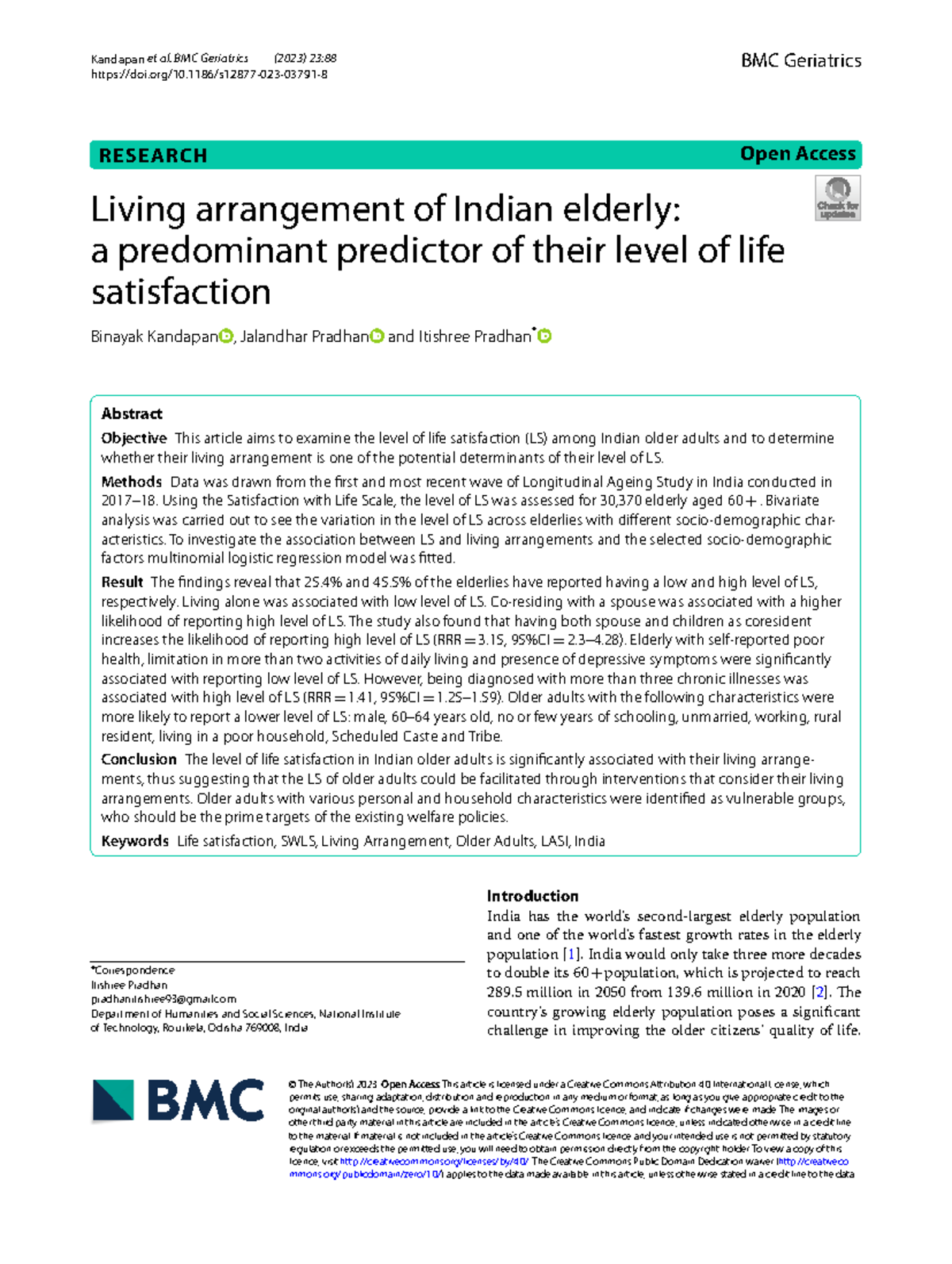 Living Arrangements and Life Satisfaction Among Indian Elderly: A Study ...