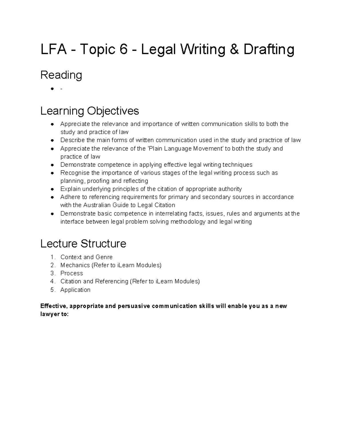 LFA - Topic 6 - Legal Writing & Referencing - LFA - Topic 6 - Legal ...
