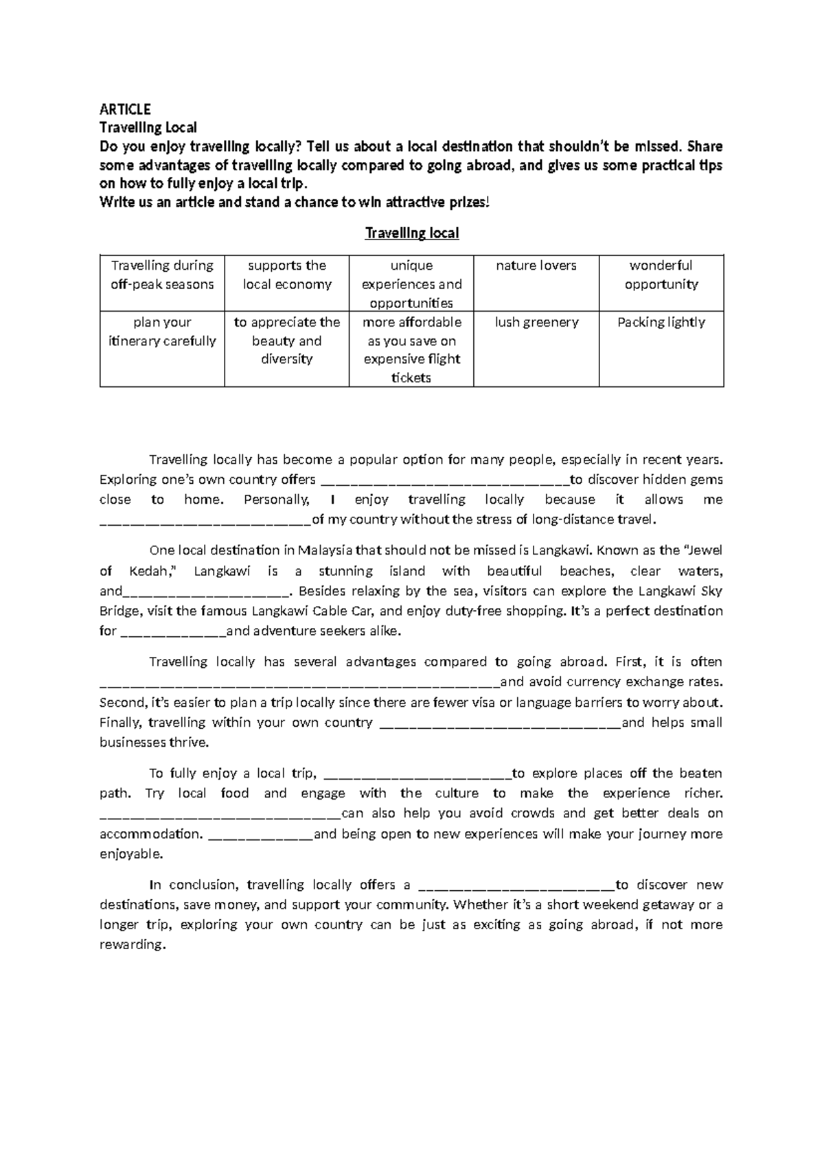 Article on Local Travel: Benefits & Tips - Paper 2 SPM - Studocu