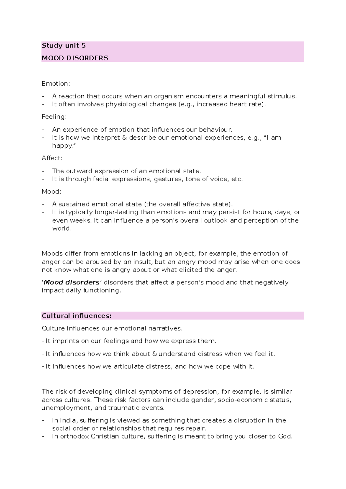 Study Unit 5 - MOOD DISORDERS: Understanding Emotions and Their Impact ...