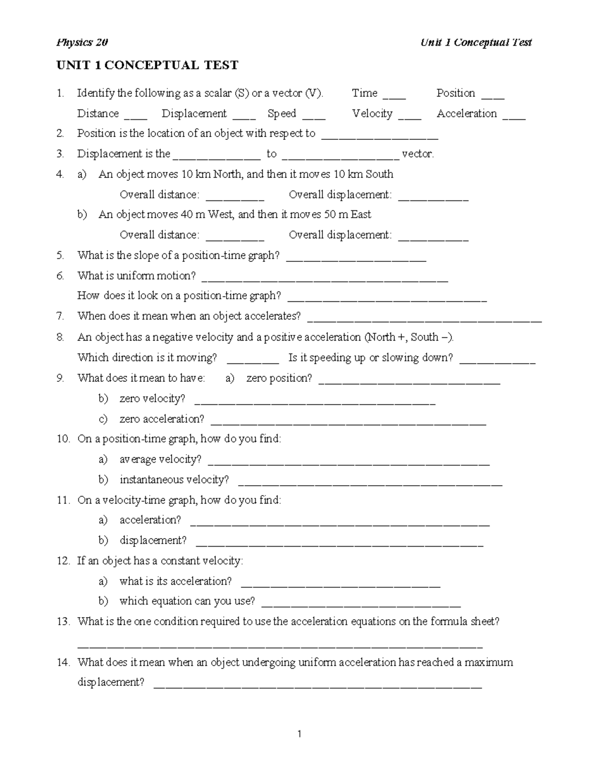 Physics 20 Unit 1 & 2 Conceptual Test Solutions - Studocu