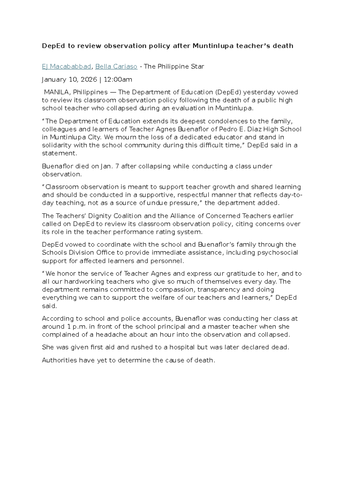 Deped Review Of Classroom Observation Policy After Teacher S Death