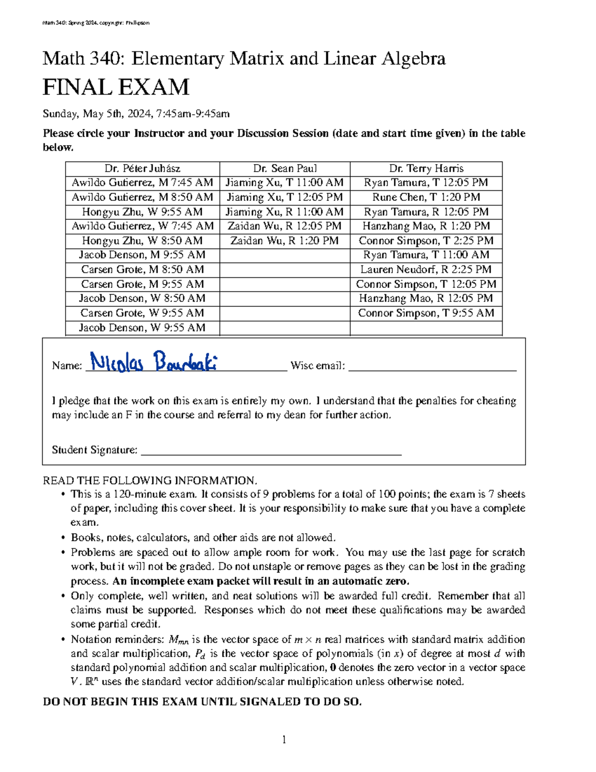 Math 340: Spring 2024 - Final Exam Solutions - Studocu