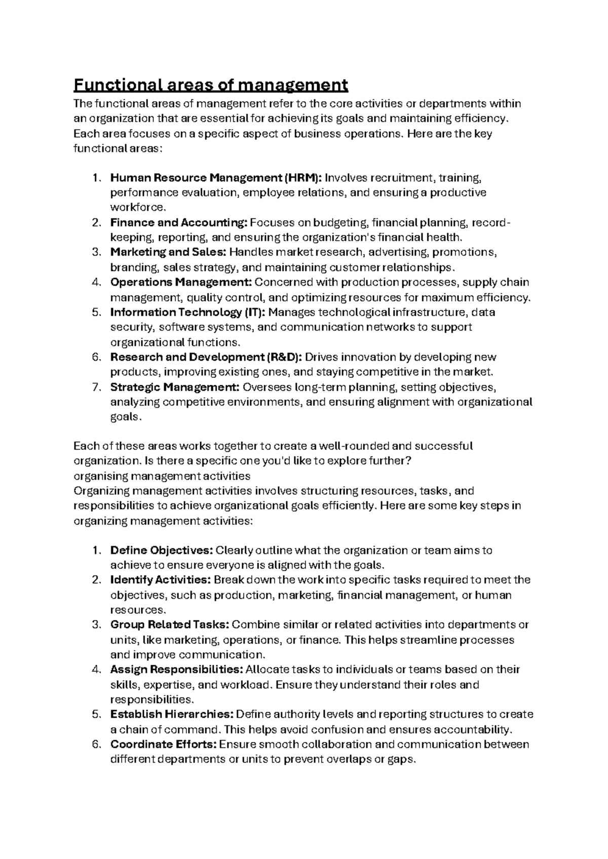 Functional Areas of Management: Key Insights and Strategies - Studocu