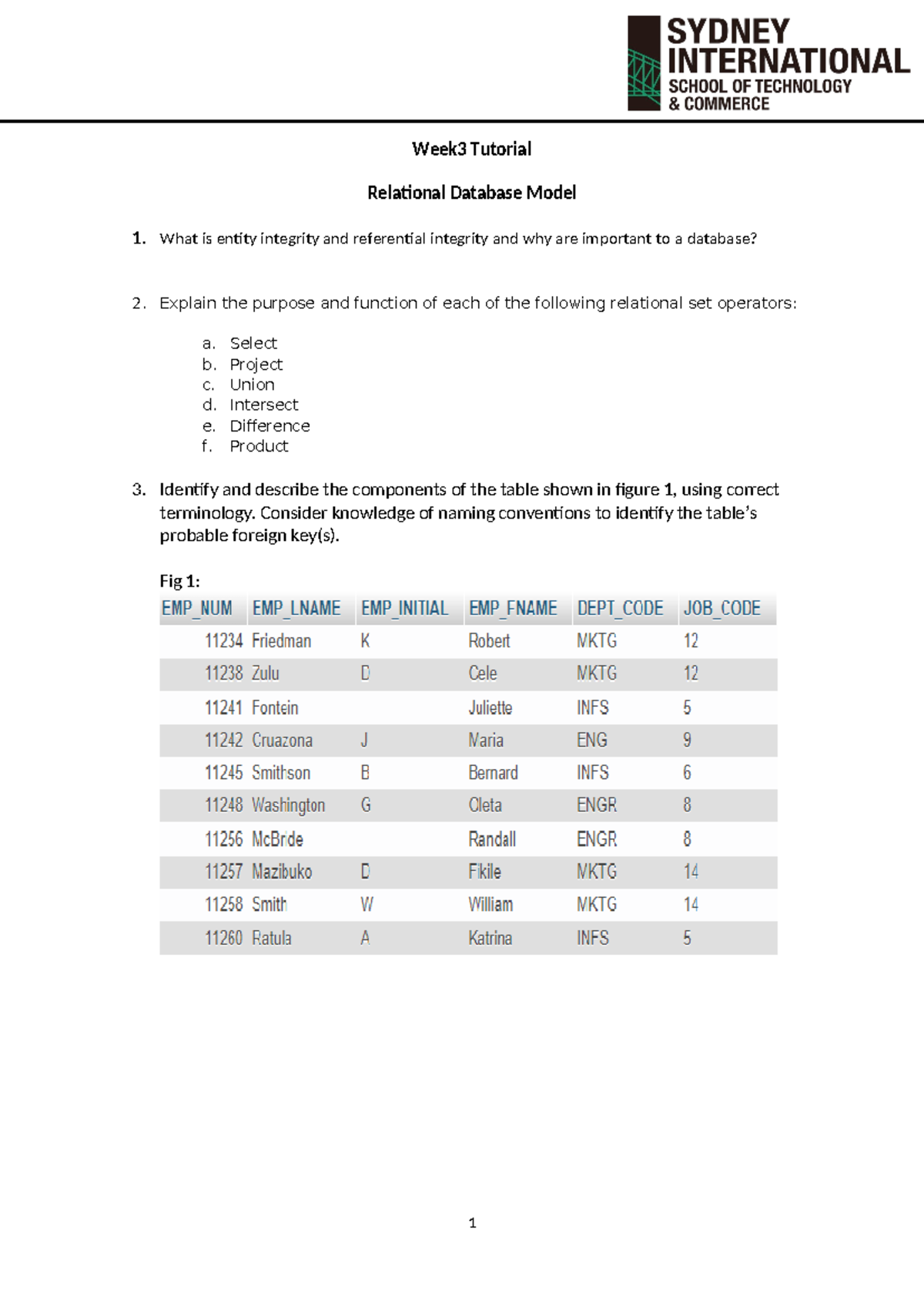 ICT503 Week 3 Tutorial: Understanding Relational Database Models - Studocu