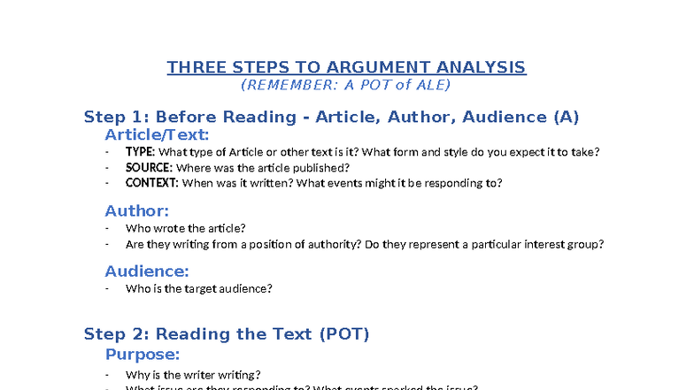 How to Analyze Argument: AAA POT of ALE Steps - Studocu