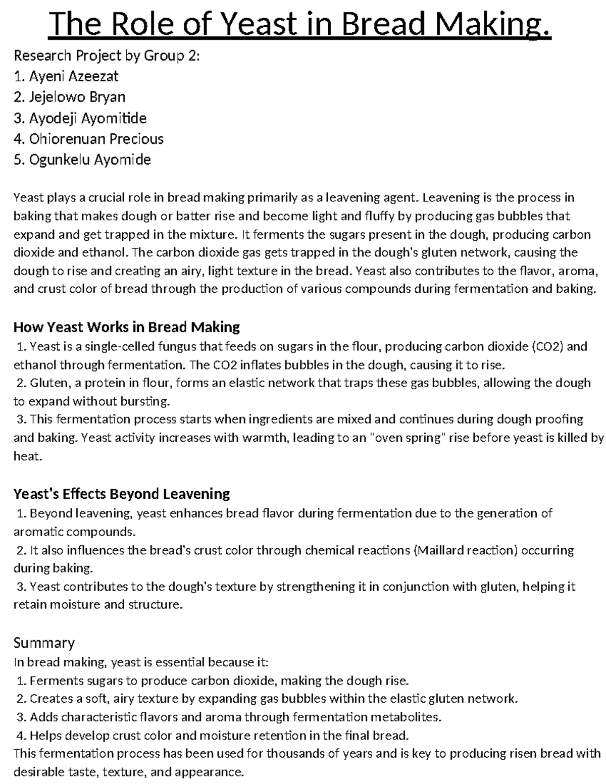 The Role of Yeast in Bread Making: Research Project Group 2 - Studocu
