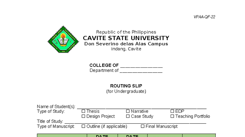 VPAA QF 22 Routing Slip for Undergraduate - VPAA-QF- Republic of the ...