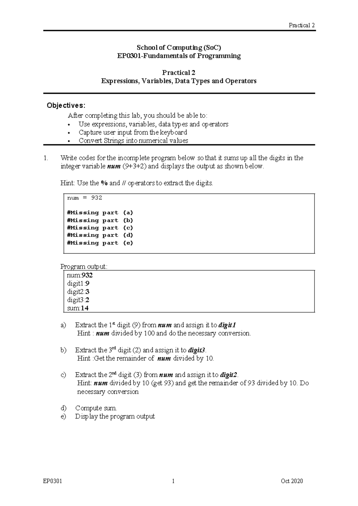 Practical 2 - Expressions & Data Types (EP0301) Lab Guide - Studocu