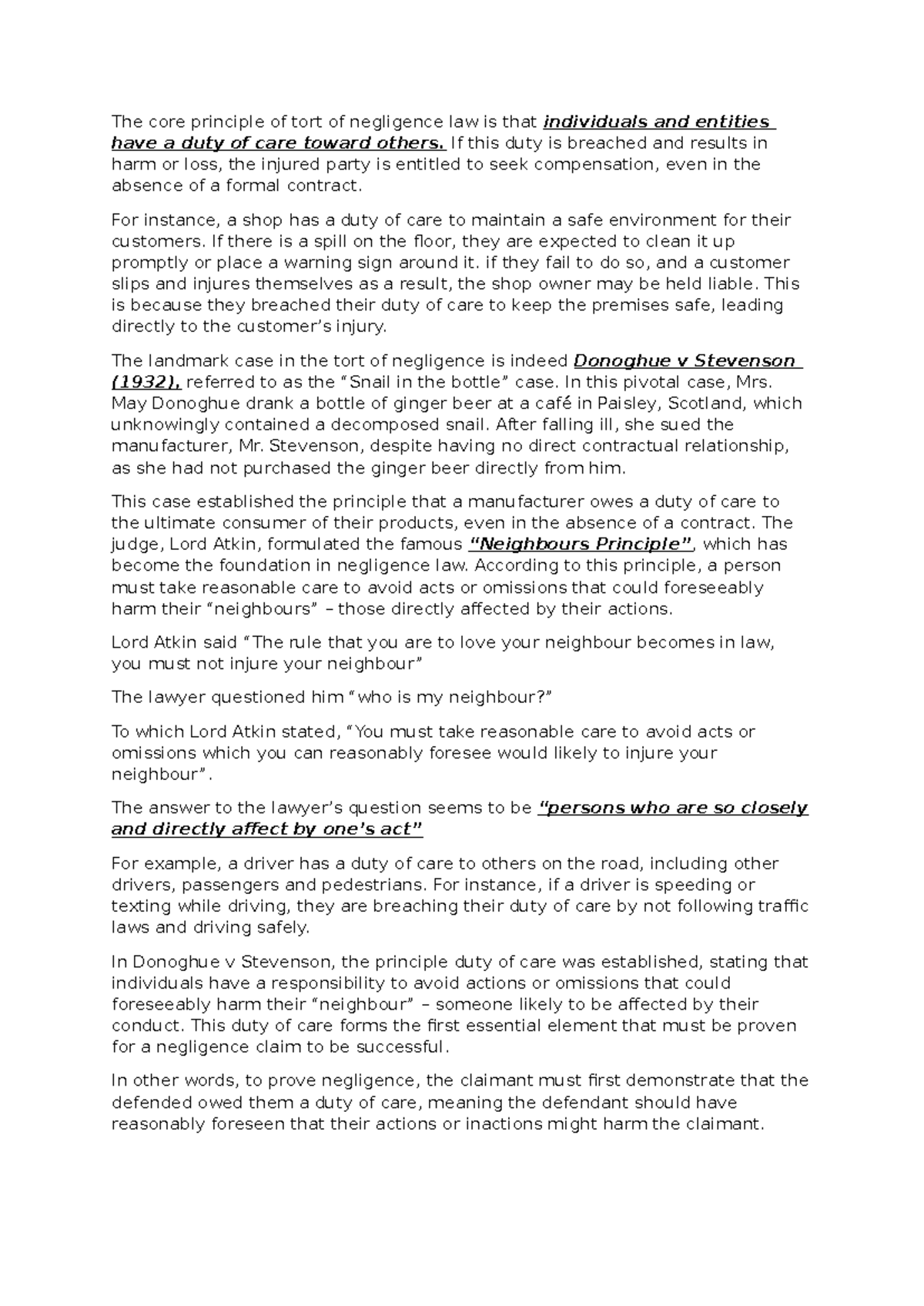 Tort Law - Negligence Principles & Landmark Cases Analysis - Studocu