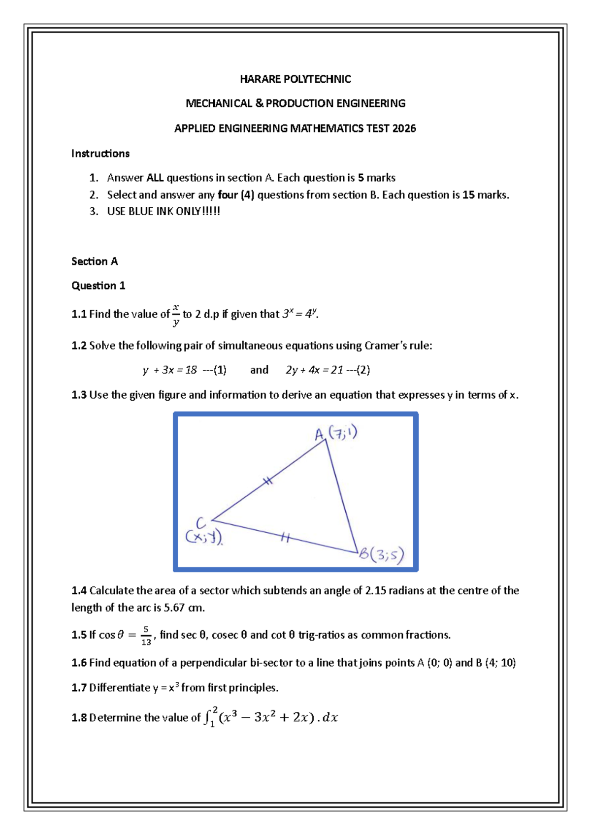 Applied Engineering Mathematics Test 2026 - Harare Polytechnic - Studocu