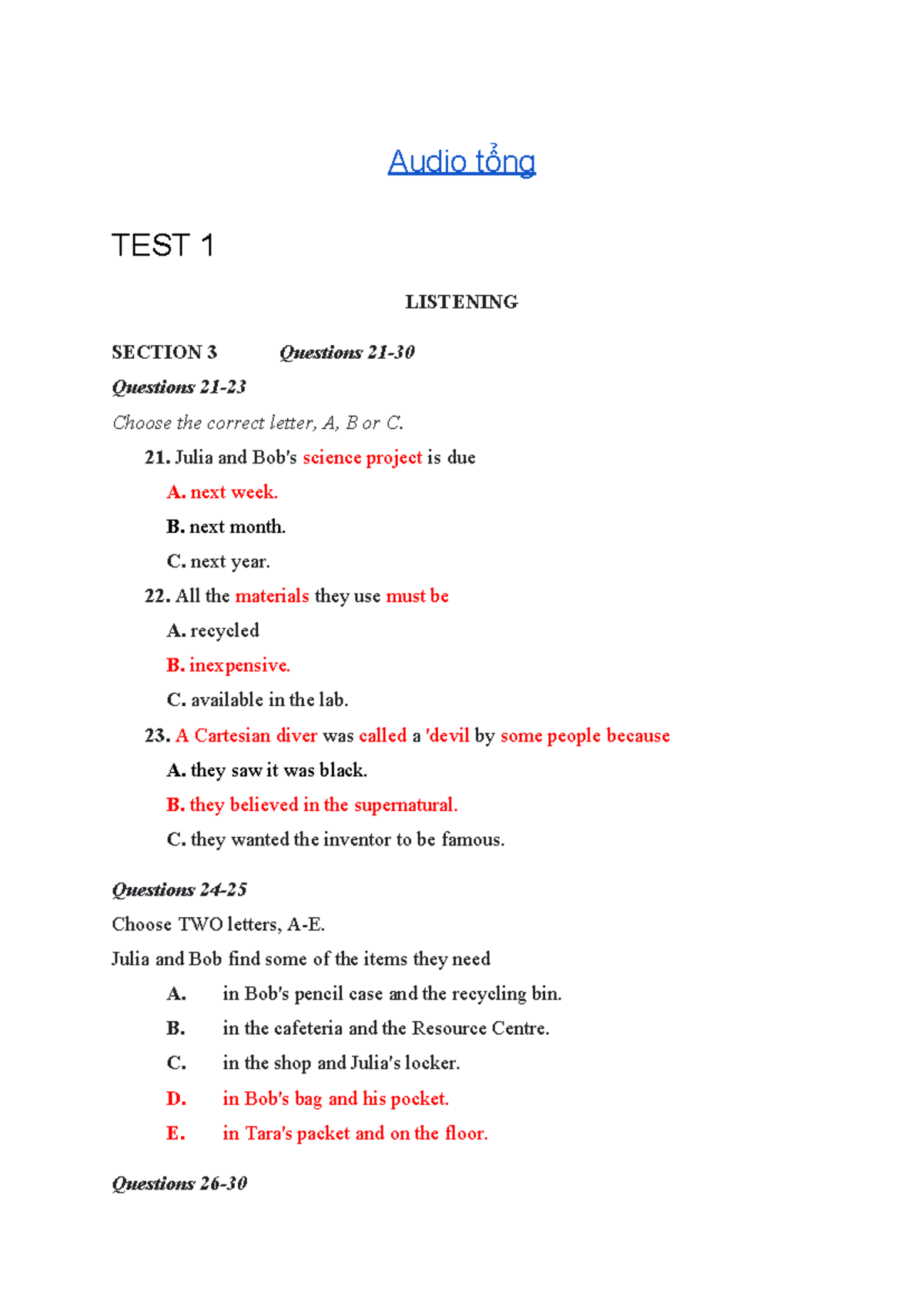 Listening Skills Homework - Audio Test 1 & 3 Questions - Studocu