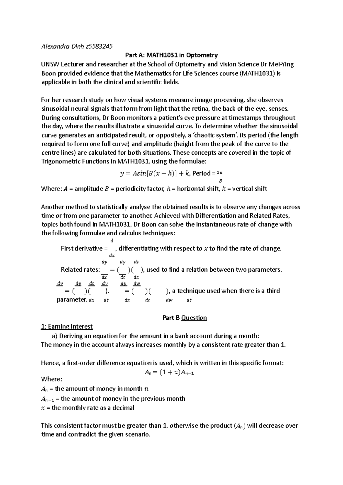Maths 1031 assignment - answers - Alexandra Dinh z Part A: MATH1031 in ...