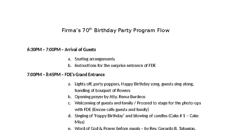 70th Birthday Party Program Flow: A Celebration for FDE - Studocu