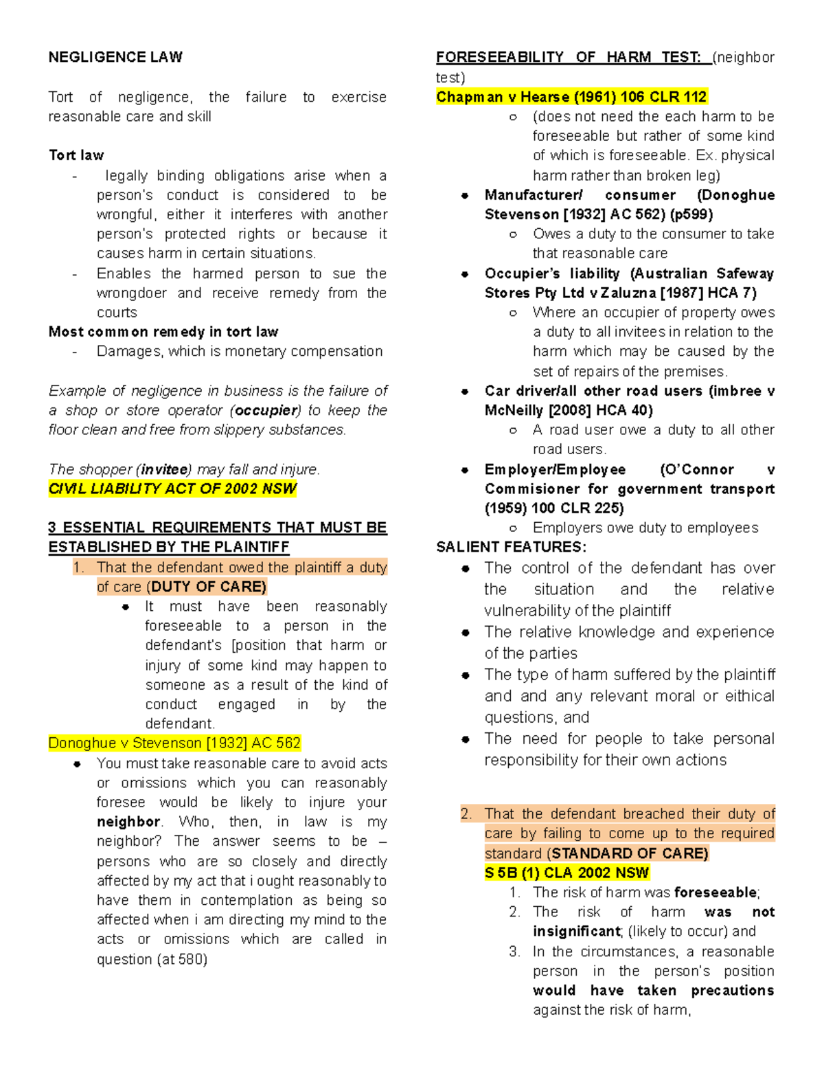 W9 Negligence Law: Understanding Duty of Care and Breach - Studocu