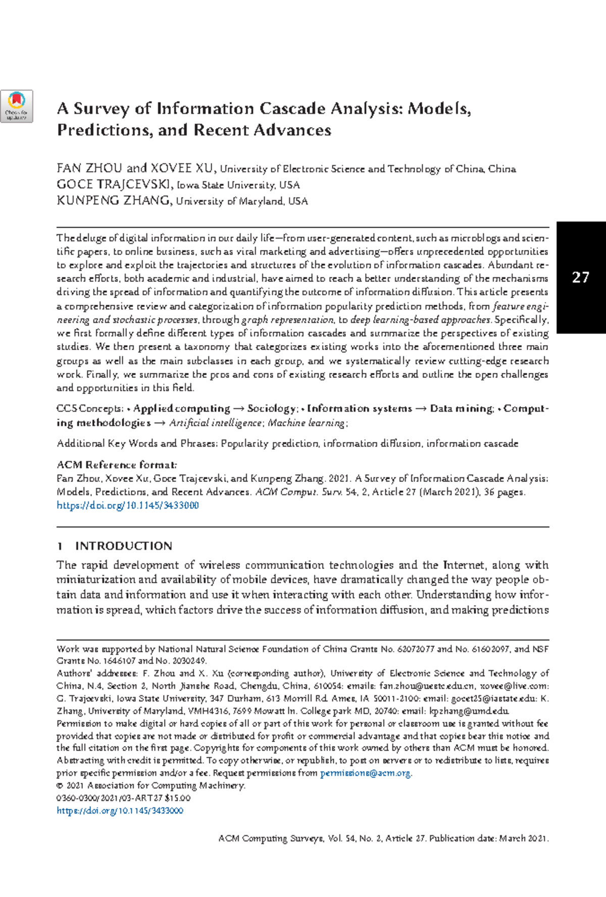 1 信息级联分析综述：模型、预测和最新进展 - 27 A Survey of Information Cascade Analysis ...