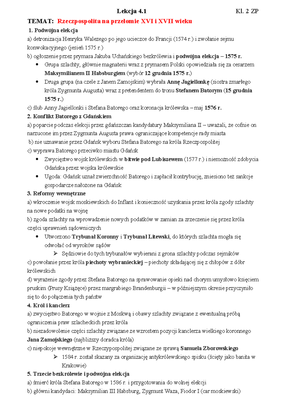 Lekcja 4 - Rzeczpospolita na przełomie XVI i XVII wieku - Kl. 2 ZP