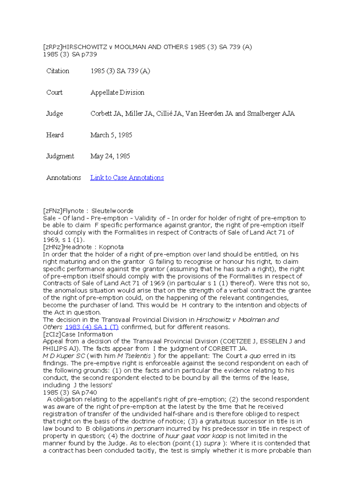 Hirschowitz v Moolman 1985: Case Analysis and Legal Principles - Studocu