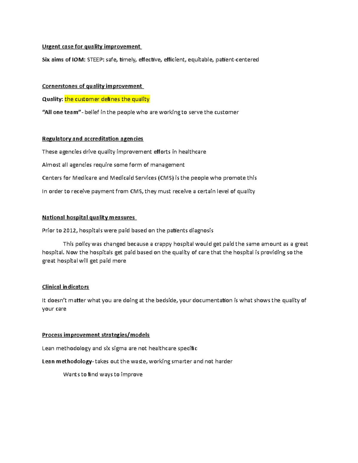 Optional Class Notes - Exam 3: Quality Improvement in Healthcare - Studocu