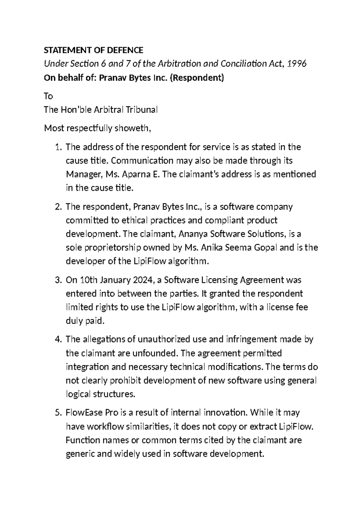 STAT 6 & 7 Arbitration Act 1996: Statement of Defence - Pranav tes Inc ...