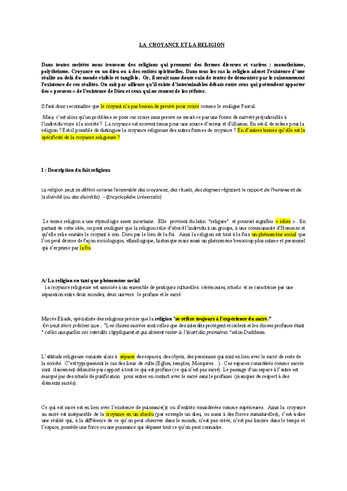 Religion - cours interessant et complet - LA CROYANCE ET LA RELIGION ...