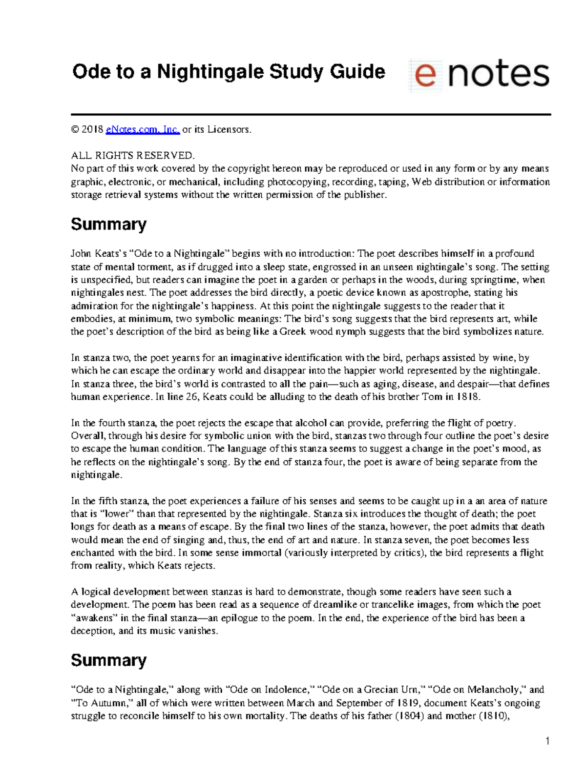 ENGL 101: Ode to a Nightingale Study Guide and Analysis - Studocu