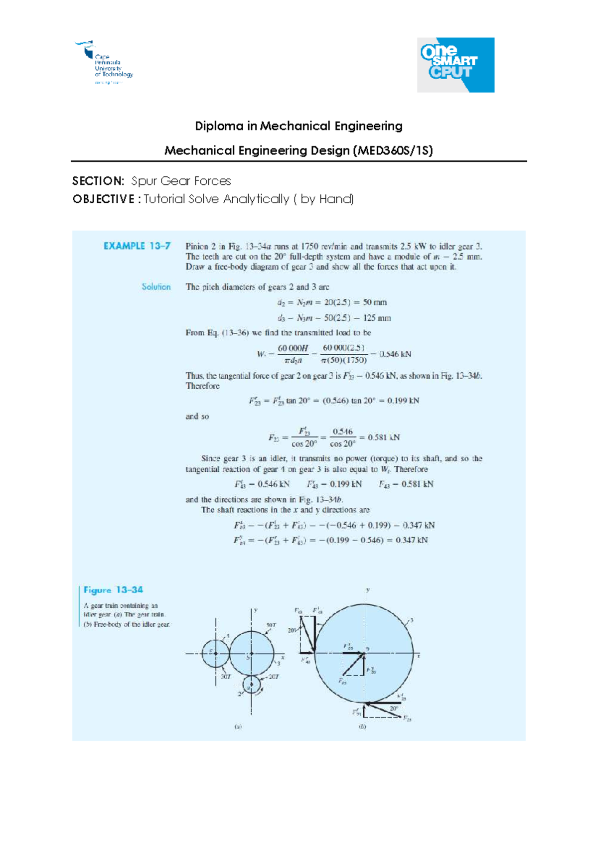 Spur Gear Forces Additional Prac - MED360S - Diploma in Mechanical ...